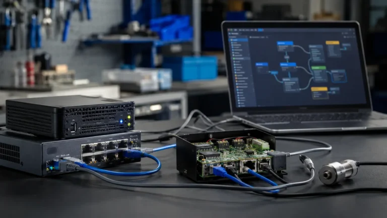 Edge-Systeme, Netzwerk und IoT-Hardware an einem Entwicklungsarbeitsplatz