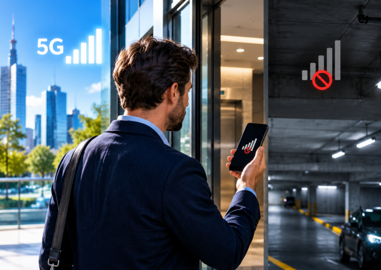 inhouse-mobile - All-Solutions® IT-Consulting Businessman in a suit checks his phone outside a glass building; the screen shows a 5G signal while a no-signal icon appears in the nearby parking garage.