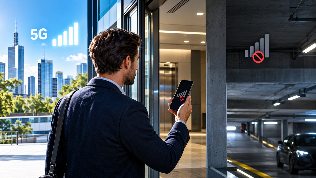 Businessman in a suit checks his phone outside a glass building; a 5G signal icon is visible on the window.